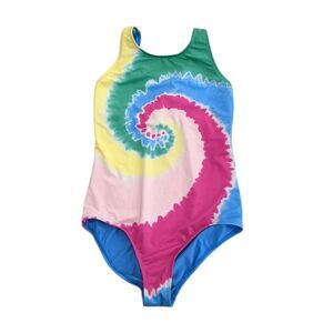 Lands' End Tie Dye Blue Pink Green Girls One Piece UPF 50 Tugless Swimsuit Sz 14